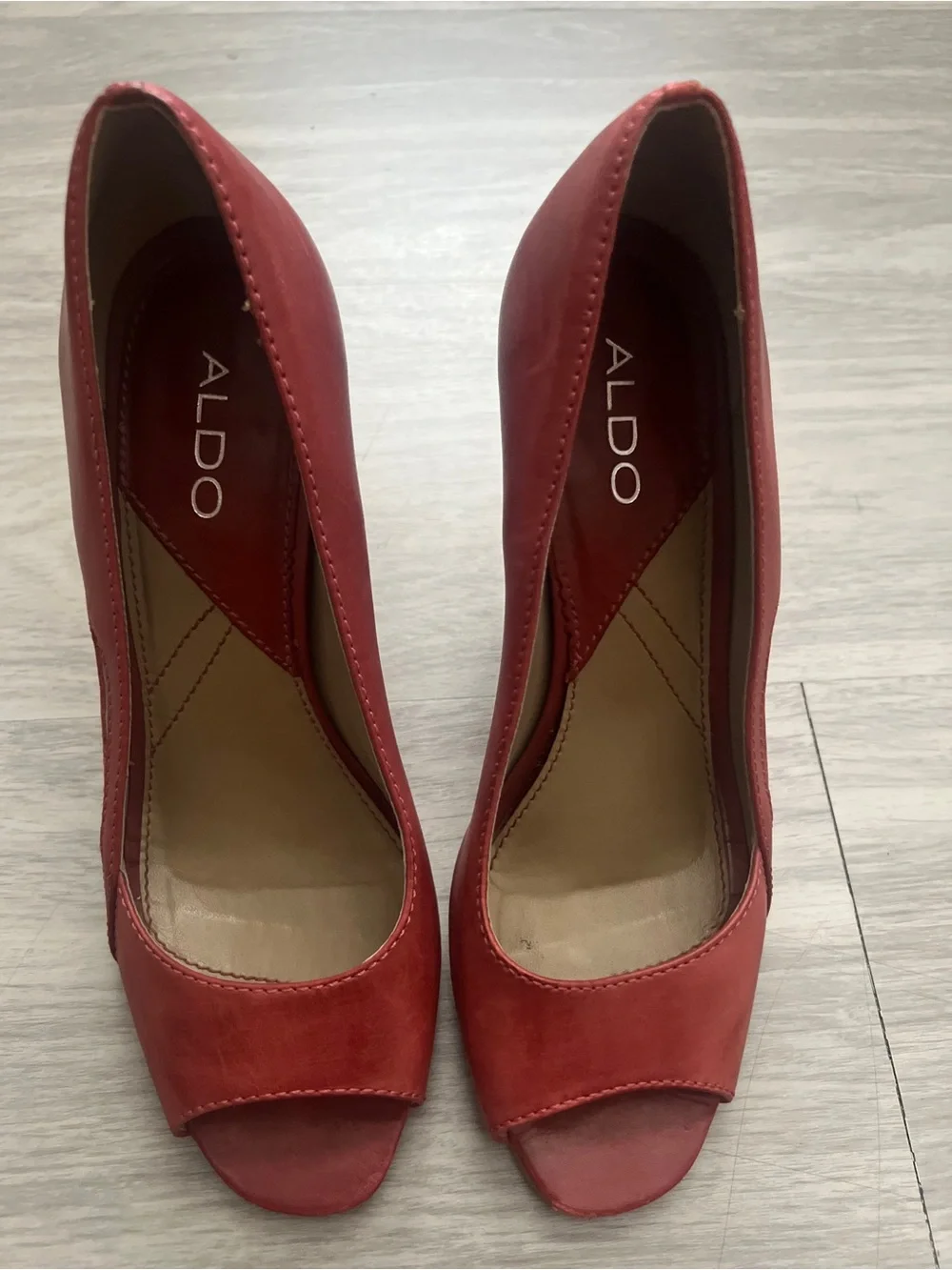 ALDO Coral Red Peep Toe Leather Block Heel Pumps Size 39